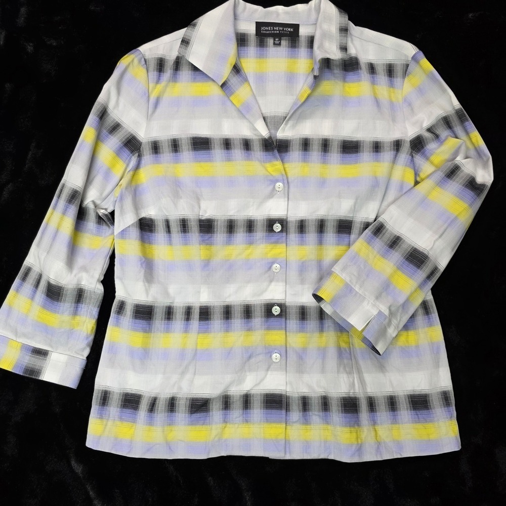 Jones New York Button Down Shirt Womens 8P Yellow Purple Plaid 3/4 Sleeve GUC
